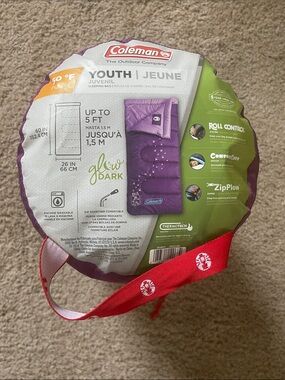 Coleman Youth sleeping bag, purple glow in the dark, NEW